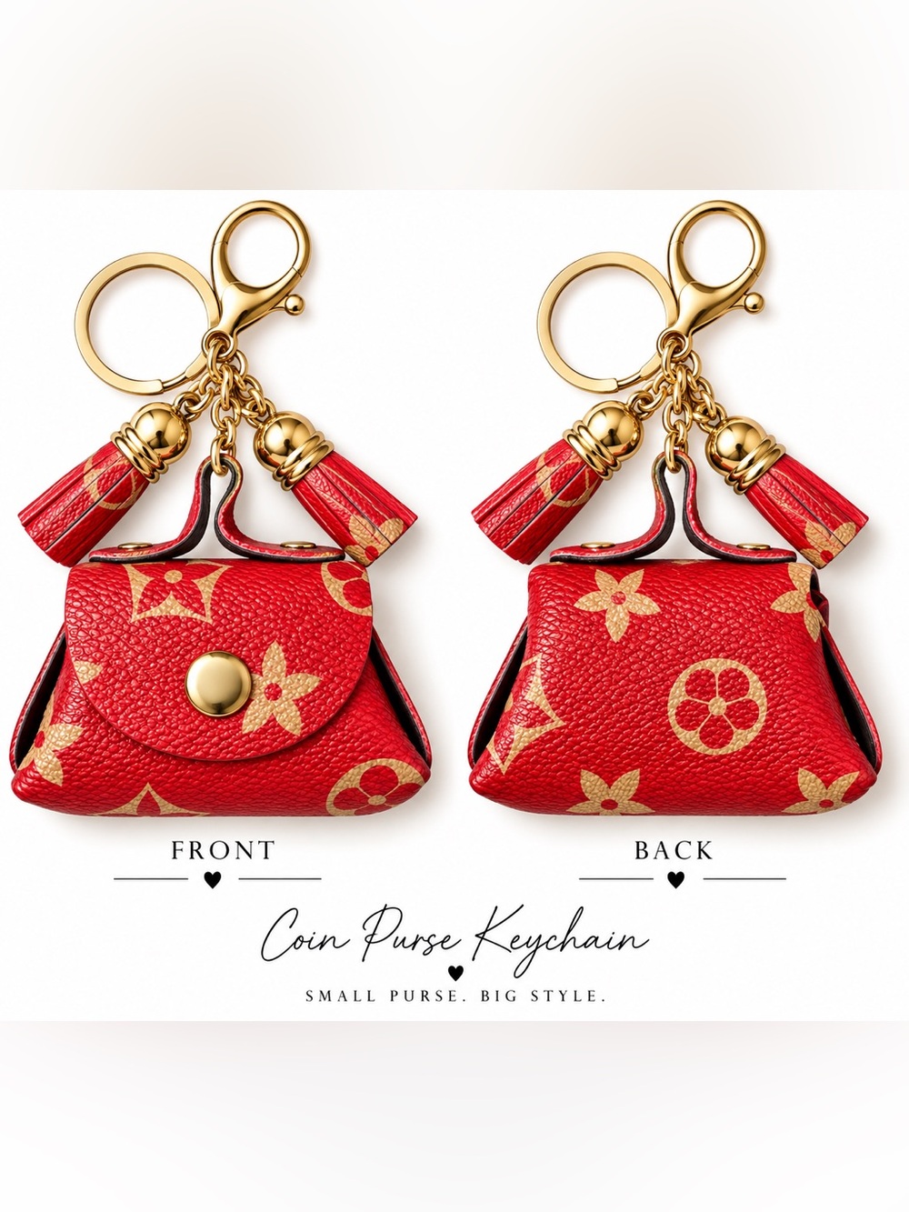 Red Coin Purse Keychain with Gold Accents